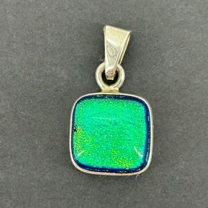 Mexico 925 Sterling Silver Dichroic Glass Square Pendant Teal Green Blue Shimmer